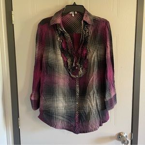 Joie plaid button down ruffle blouse size medium